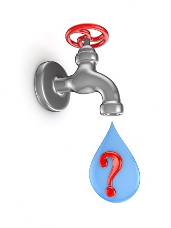 Drawing of a faucet dripping a water droplet with a question mark inside